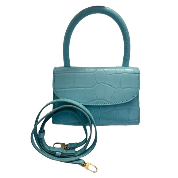 By Far Mini Croco Embossed Top Handle Bag Purse Light Blue Crossbody Leather - Picture 2 of 11